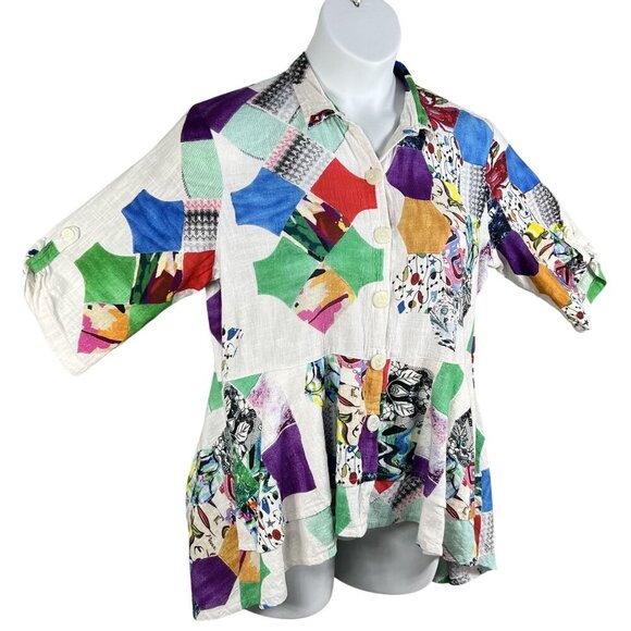 Parsley & Sage XL Bohemian Patchwork Ruffle Hi Lo Blouse Roll Tab Sleeve Artsy - Picture 5 of 16